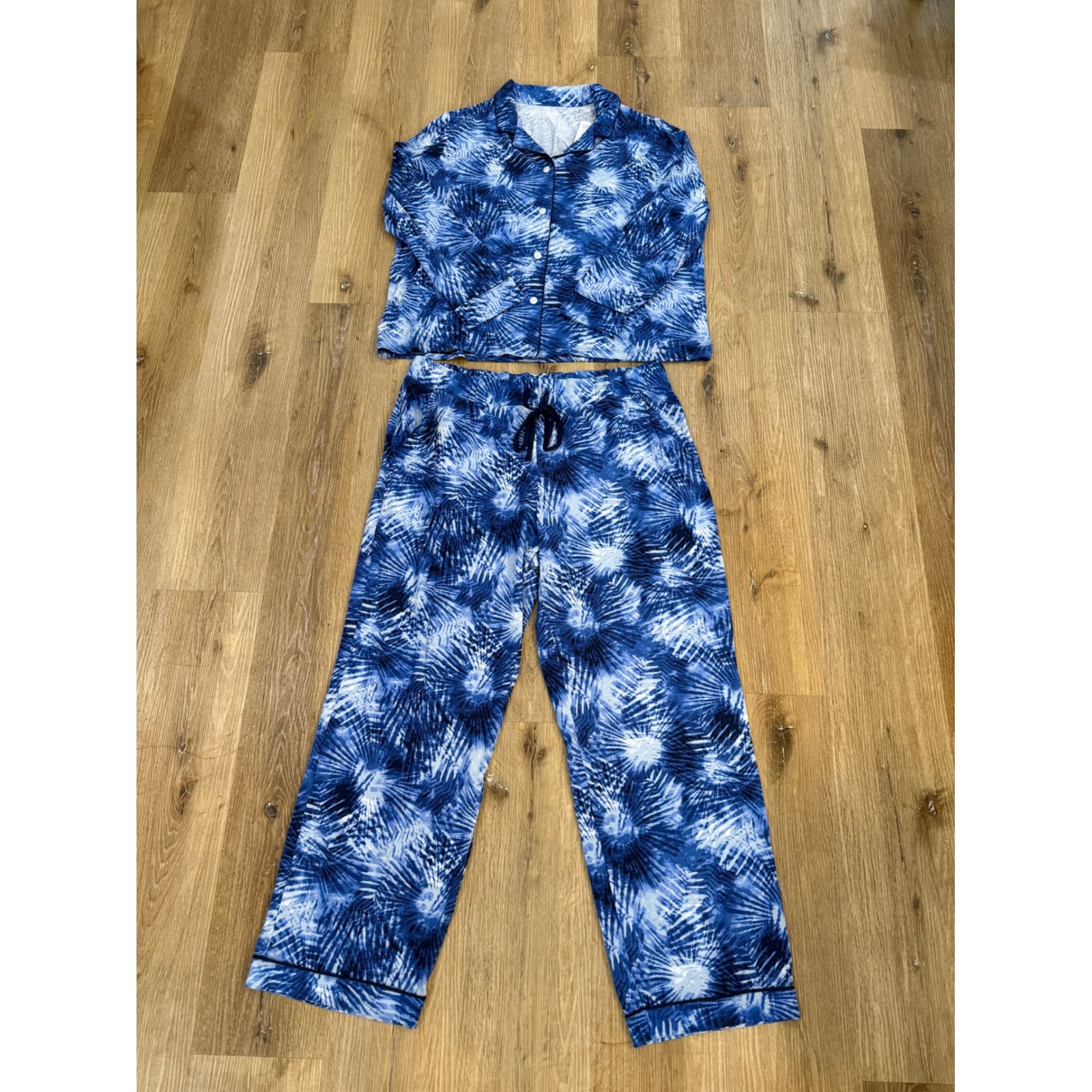 Lands' End Pajama Set Womens Xl Blue Tie Dye Tencel Modal Long Sleeve Wide Leg